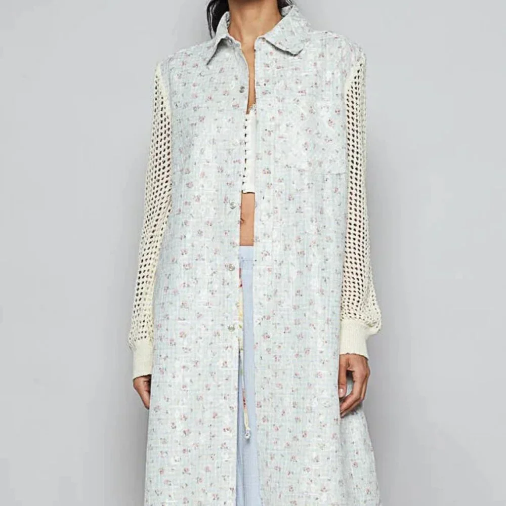Pol longline printed lace‎ crochet sleeve jacket zips up back buttons front NWOT